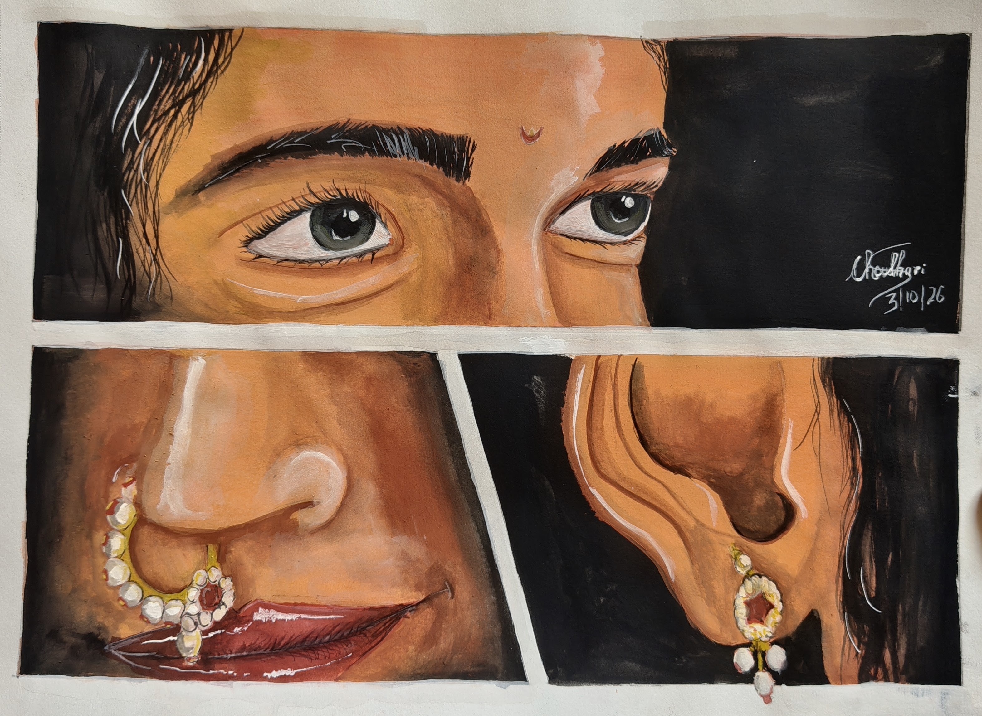 Close-up painted portrait showing expressive eyes and ornate white-and-gold nose and necklace jewelry.